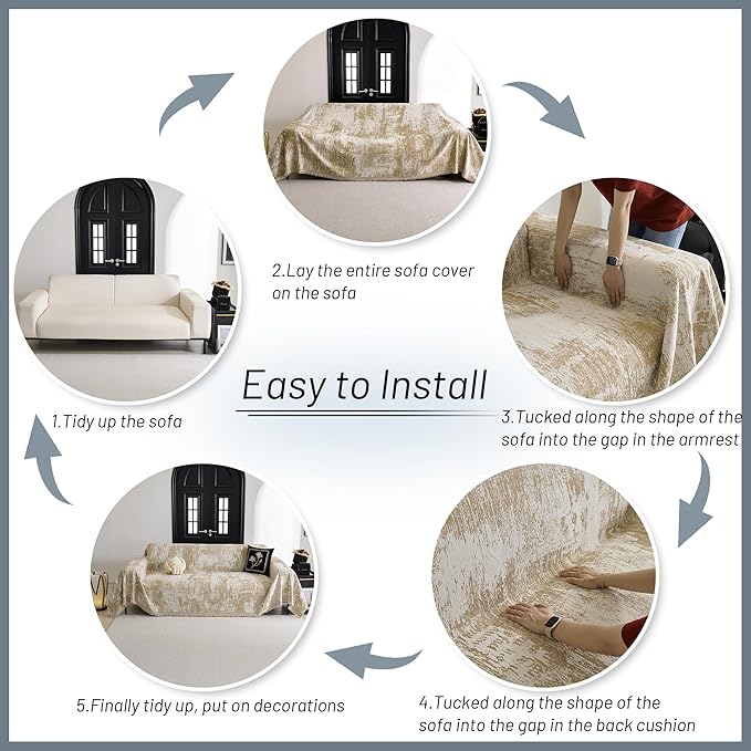 MYSKY HOME Sectional Couch Cover Khaki Geometric Abstract Sofa Covers for Sectional Sofa L Shape Chenille Couch Protector for Dogs Pets Couch Throw Cover Washable Durable for Home Decor, 71" X118"