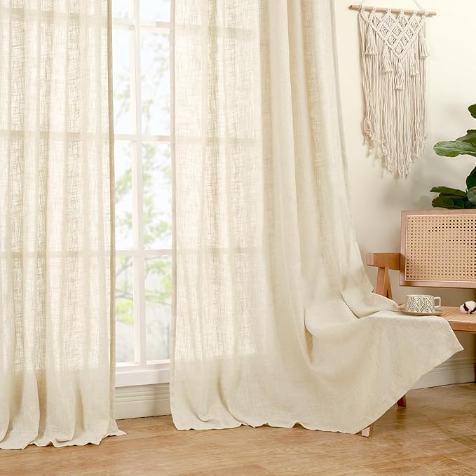 LAMIT Living Room Linen Curtains 90 Inch for Bedroom, Back Tab and Rod Pocket Linen Textured Sheer Curtains Light Filtering Boho Drapes for Farmhouse, 2 Panels, 52 x 90 Inch, Beige