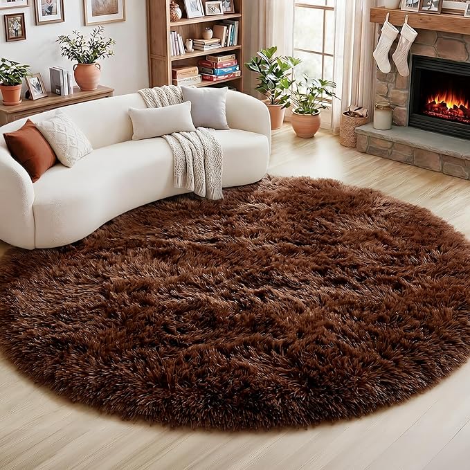 Amdrebio Dark Brown Rug 4Ft for Bedroom, Round Fluffy Shag Plush Area Rugs for Kids Room, Living Room Decor Aesthetic, Fuzzy Fur Floor Chocolate Coffee Circle Carpet for Playroom Dorm Baby Nursery