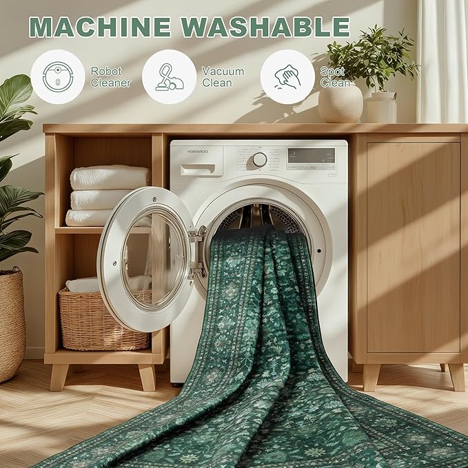 5x7 Area Rugs Living Room Rug: Washable Vintage Distressed Floral Rug No Slip Stain Resistant Soft Carpet Indoor Large Carpets for Bedroom Dining Room Farmhouse Nursery Hallway Home Office Deep Green