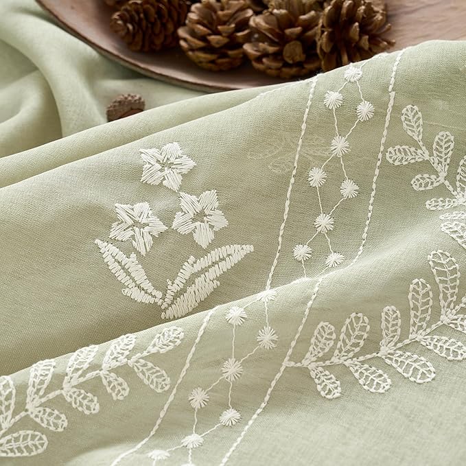 jinchan Belrose Sage Green Floral Sheer Curtains for Bedroom 63 Inch Long Voile Embroidered Farmhouse Curtains for Living Room Ivory Flower Patterned Rod Pocket Window Treatments, 2 Panels Green