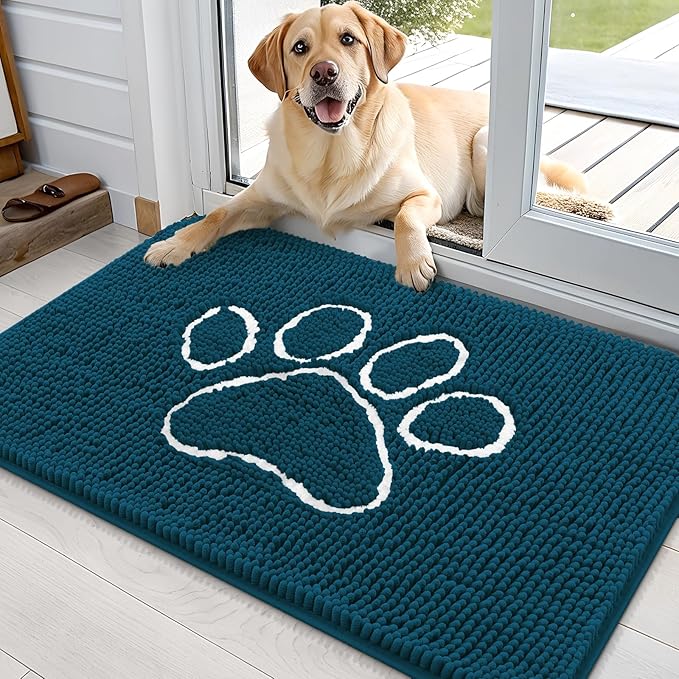 OLANLY Dog Door Mat for Muddy Paws 35x24, Paw Print Design, Absorbs Moisture and Dirt, Absorbent Non-Slip Washable Doormat, Quick Dry Chenille Mud Mat, Entry Indoor Entryway Carpet, Atlantic Blue