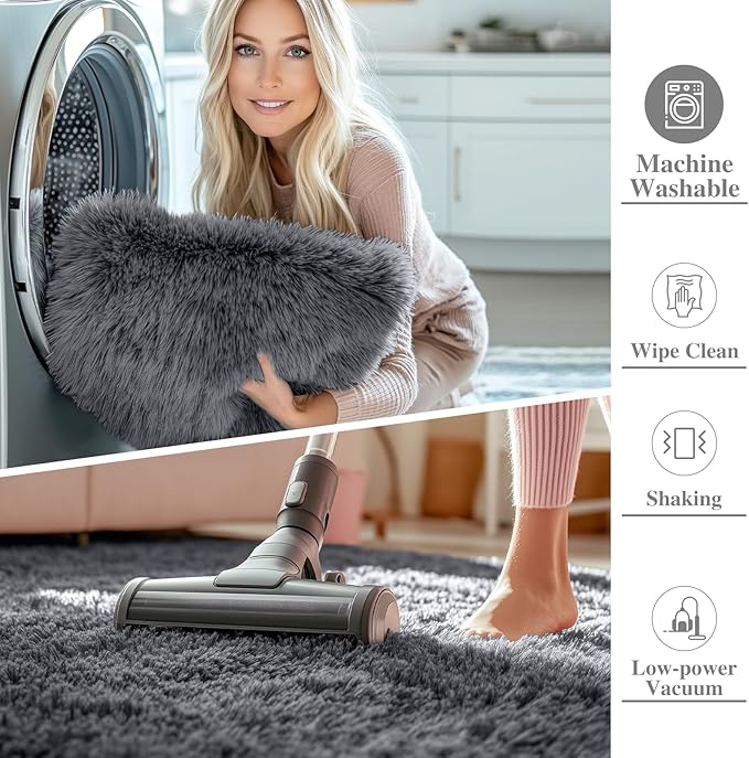 OLANLY 3x4 Machine Washable Accent Rug, Soft Fluffy Shaggy Area Rug for Bedroom, Living Room, Indoor Floor Carpet for Kids, Nursery, Home Decor, Grey