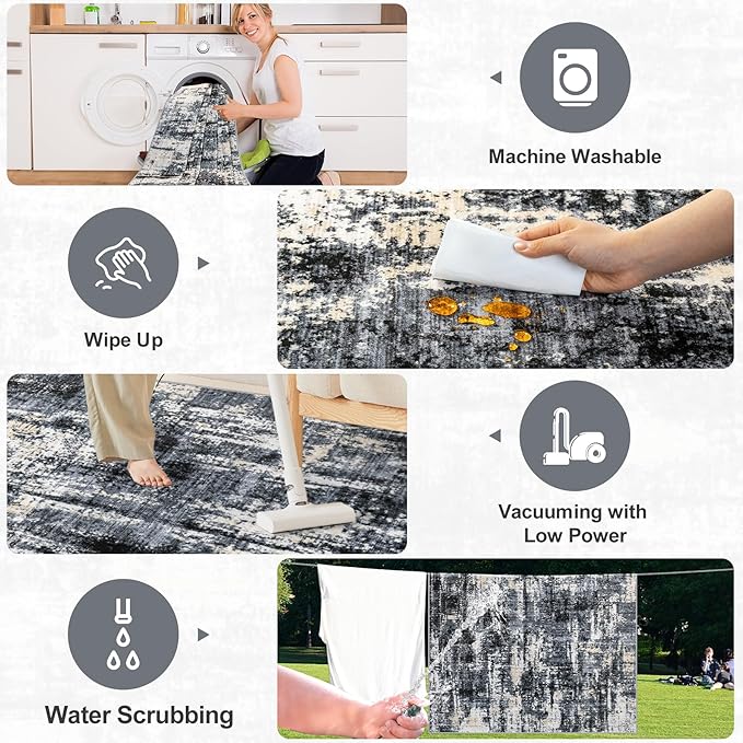 Area Rugs 10x14 Living Room - Washable Rug Modern Abstract Soft Large Neutral Non-Slip Carpet Indoor Floor Thin Carpets for Bedroom Dining Room Farmhouse Nursery Home Office Black Gold