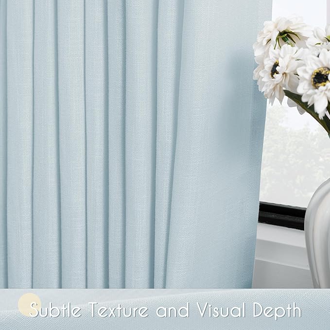 Sky Blue Curtains 90 inch Length for Bedroom Back Tab Light Filtering Semi Sheer Blue Living Room Curtains Linen Cotton Textured Drapery Panel Aesthetic Decor Light Blue 52x90