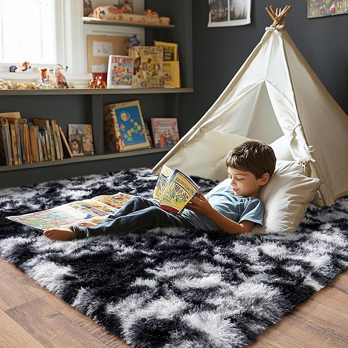 Pionblank Fluffy Area Rug for Bedroom 4x6 Feet, Indoor Plush Carpet, Shag Soft Bedside Rug, Cute Comfy Furry Rug for Living Room Dorm Girls Boys Room Nursery Decor, Black White