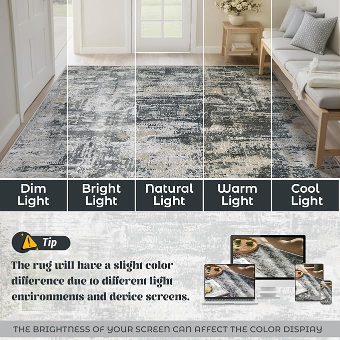 XLUEZ 9x12 Area Rug for Living Room, Washable Modern Abstract Large Area Rug Neutral Soft Non Slip Kids Rug Stain Resistant Indoor Carpet for Bedroom Dining Room Playroom Office(BlackGreyGold, 9'x12')