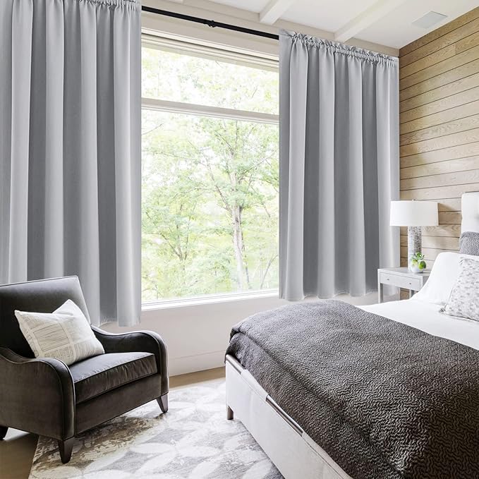 DWCN Blackout Curtains Room Darkening Thermal Insulated Bedroom Curtains Window Curtain Panels, 52 x 45 inches Long, Set of 2 Silver Grey Rod Pocket Drapes