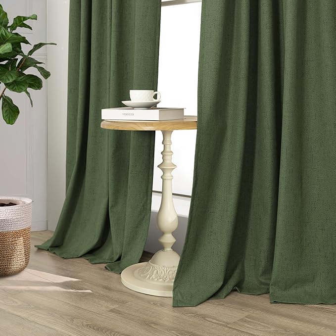 Ptialk Elegant Blackout Curtains for Living Room Eclectic Moody Dark Olive Green Linen Curtains 72 Inch Length 2 Panels Set Long Drapes for Closet Cover Back Tab Rod Pocket Hunter Green 52x72