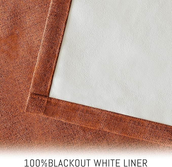 Yakamok Burnt Orange Linen Curtains 100% Blackout 72 Inches Long,Room Darkening Textured Curtains for Living Room Thermal Grommet Bedroom Curtains 2 Panels with White Liner