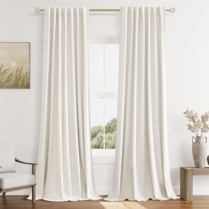 Beige White 100% Blackout Linen Curtains 102 Inch Length 2 Panels Set for Living Room Bedroom Back Tab Thermal Insulated Black Out Drapes Room Darkening Farmhouse Style for Bedroom Window Curtains