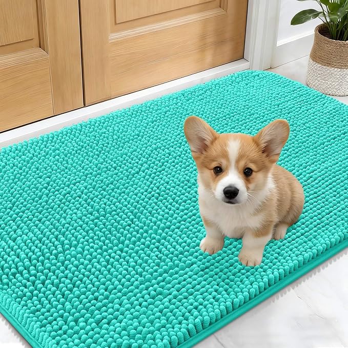 OLANLY Dog Door Mat for Muddy Paws 30x17, Absorbs Moisture and Dirt, Absorbent Non-Slip Washable Doormat, Quick Dry Chenille Mud Mat for Dogs, Entry Indoor Entryway Carpet for Inside Floor, Teal