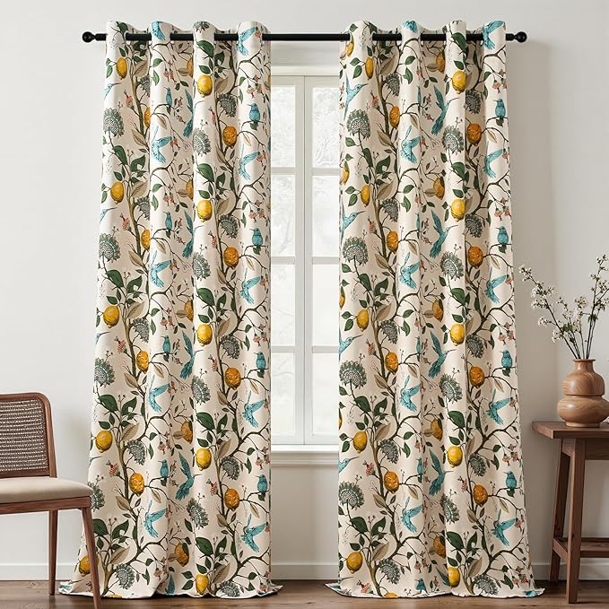 Topfinel Floral Curtains 90 Inches Long 2 Panels Unique Natural Beige Luxury Elegant Colorful Euro Flower Hummingbird Patterned Rustic Vintage Grommet Drapes for Classroom Room Office Closet 52x90