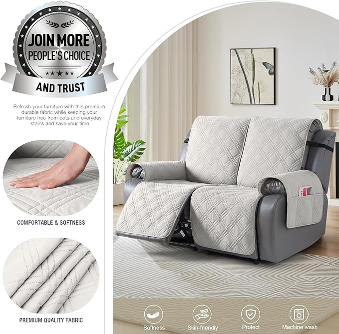 TAOCOCO 100% Waterproof Loveseat Recliner Cover with Straps, Split Loveseat Covers for Reclining loveseat, Non Slip Reclining Sofa Cover Furniture Protector for Kids, Pets(2 Seater, Off White)