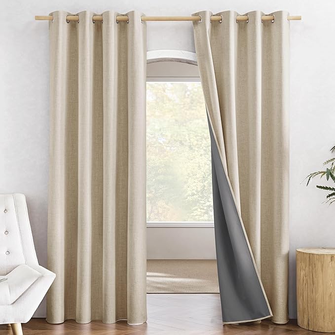 NICETOWN Cream 100% Blackout Linen Curtains 84 inch Long Burg for Living Room, 1 Pair, 52" Width Each Panel, Farmhouse Thick Completely Blackout Window Treatment Thermal Insulated Drapes