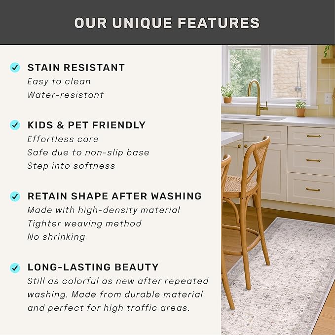 Light Grey 2x6 Boho Bathroom Runner Rug - Modern Vintage Eclectic Floral Pastel Neutral Taupe, Washable Low Pile Non-Slip Runner Rugs for Kitchen, Door Mat Indoor Entrance, Bedroom Laundry Hallway