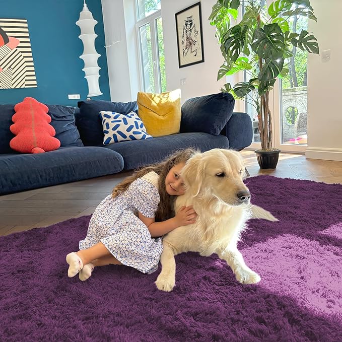 OLANLY 5x7 Machine Washable Large Area Rugs for Living Room, Bedroom, Soft Fluffy Shaggy Bedside Rug, Indoor Floor Carpet for Kids Girls and Boys, Dorms, Nursery, Home Decor Aesthetic, Dark Purple