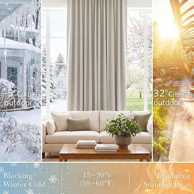 PONY DANCE Cream Blackout Curtains, Thermal Insulated Short Drapes for Small Basement Bathroom Window, Back Tab & Rod Pocket Solid Black Out Curtains for Bedroom, 42 W x 45 L, Ivory/Cream, 2 Panels