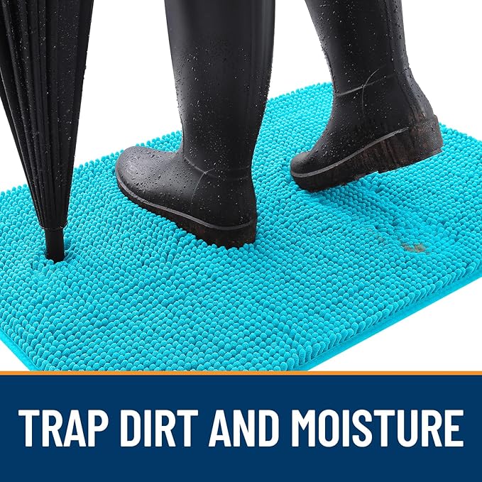 OLANLY Dog Door Mat for Muddy Paws 47x17, Absorbs Moisture and Dirt, Absorbent Non-Slip Washable Doormat, Quick Dry Chenille Mud Mat for Dogs, Entry Indoor Entryway Carpet for Inside Floor, Aqua Blue
