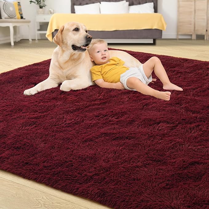 Tepook Area Rugs 9x12 for Living Room, Super Soft Fluffy Rugs for Bedroom, Modern Shaggy Rug Fuzzy Carpets for Kids, Plush Indoor Nursery Home Decor Rug with Non-Slip Bottom, Burgundy Red