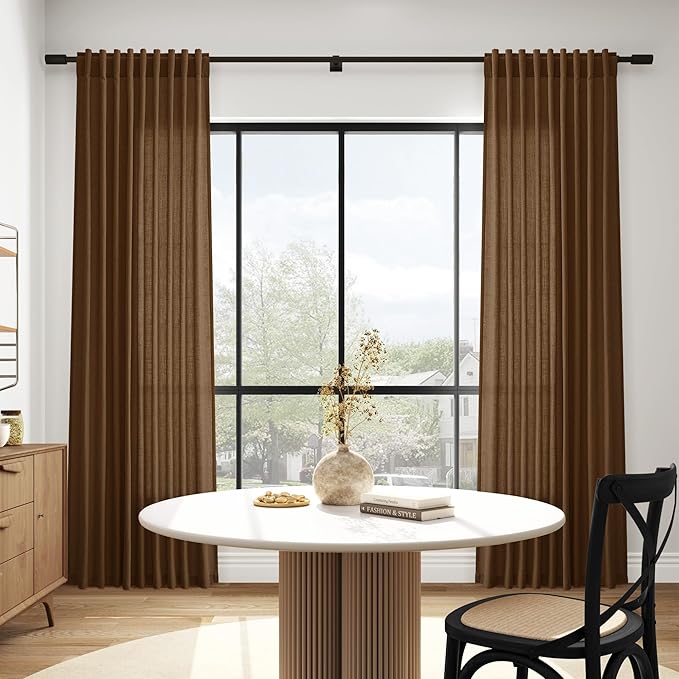 Nanspring Tobacco Brown Linen Curtains 84 Inches Long for Living Room Back Tab Luxury Light Filtering Privacy Semi Sheer Curtain Farmhouse Decor Boho Textured Drapes for Bedroom 52x84,2 Panels