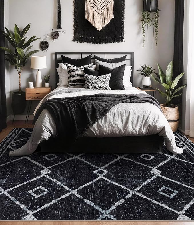 YIHOUSE Moroccan Rugs for Living Room, 8x10 Black and White Aztec Area Rug, Western Geometric Soft Low-Pile Washable Rugs for Bedroom, Dining Room