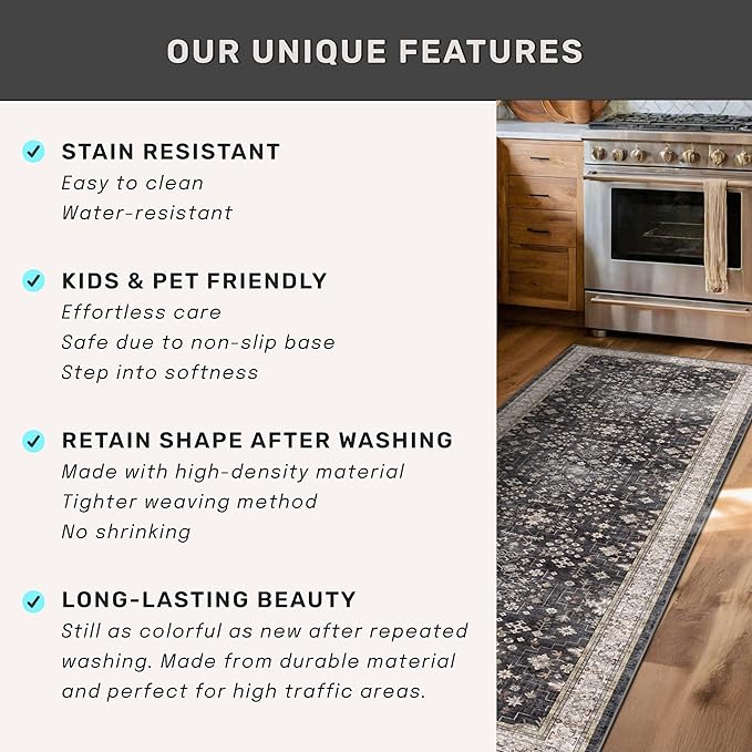 Hazo Haus Black Boho Washable 3x12 Extra Long Runner Rug for Hallway, Waterproof Large Kitchen Floor Rug, Non-Slip Stain & Fade Resistant, Vintage Floral Decor