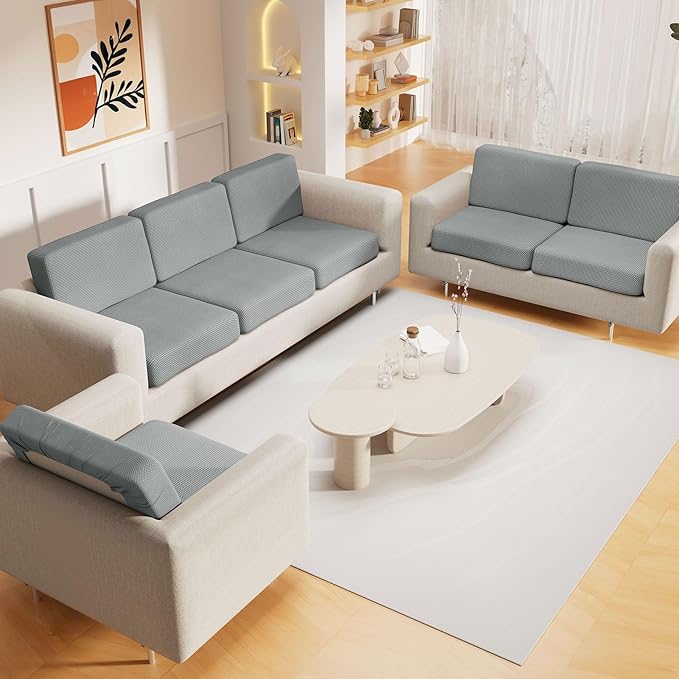 hyha Waterproof Couch Cushion Covers for Pets, Non Slip Sofa Seat Cover for Dogs Washable, Soft Thick Stretch Jacquard Fabric, Sofa Slipcovers with Elastic Bottom (3 Pieces, Light Grey)