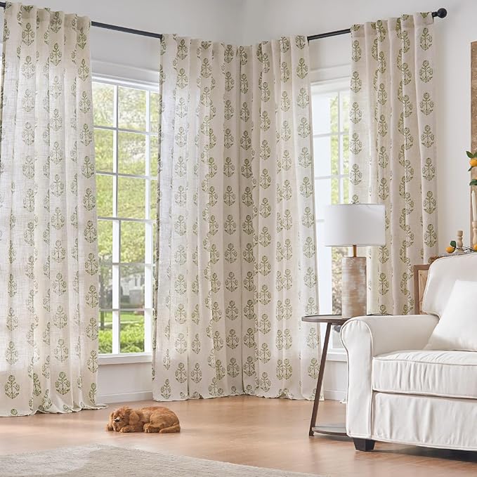 jinchan Linen Floral Curtains for Living Room 84 Inch Length Green Flower Cottage Core Farmhouse Curtains Rod Pocket Back Tab Boho Semi Sheer Window Drapes Bedroom Set 2 Panels Green on Beige