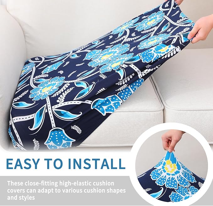 hyha Printed Couch Cushion Covers, Floral Sofa Covers Washable for 2 Cushion Couch, Stretch Pattern Outdoor Cushion Covers for Patio Furniture with Elastic Bottom(Medium, Bluebell)