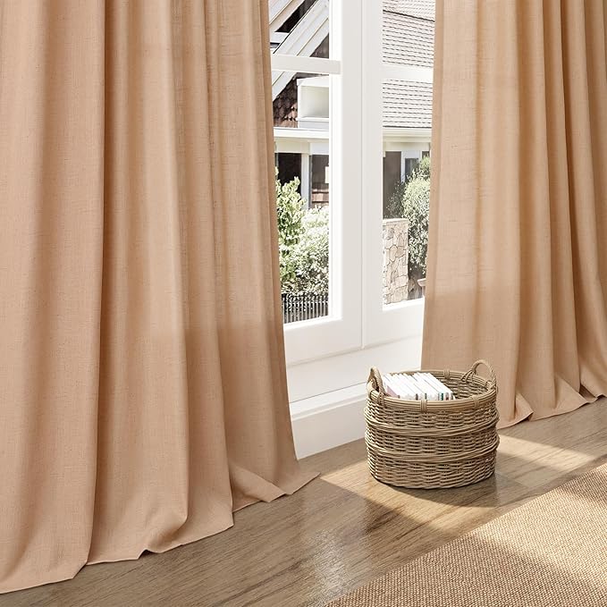 Nanspring Camel Linen Curtains 2 Panels Set for Living Room Back Tab Rod Pocket Window Drapes Light Filtering Semi Sheer Elegant Farmhouse Curtain 100 Inches Long for Dining Room Bedroom 52x100