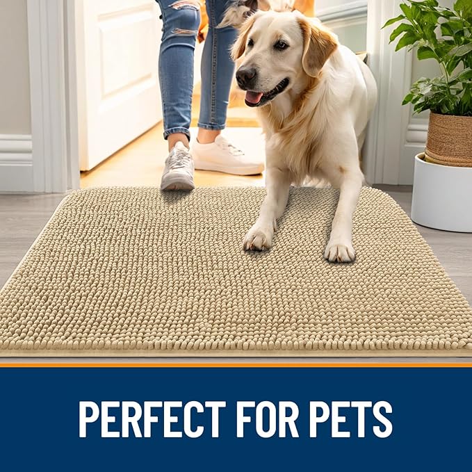 OLANLY Dog Door Mat for Muddy Paws 70x32, Absorbs Moisture and Dirt, Absorbent Non-Slip Washable Doormat, Quick Dry Chenille Mud Mat for Dogs, Entry Indoor Entryway Carpet for Inside Floor, Beige