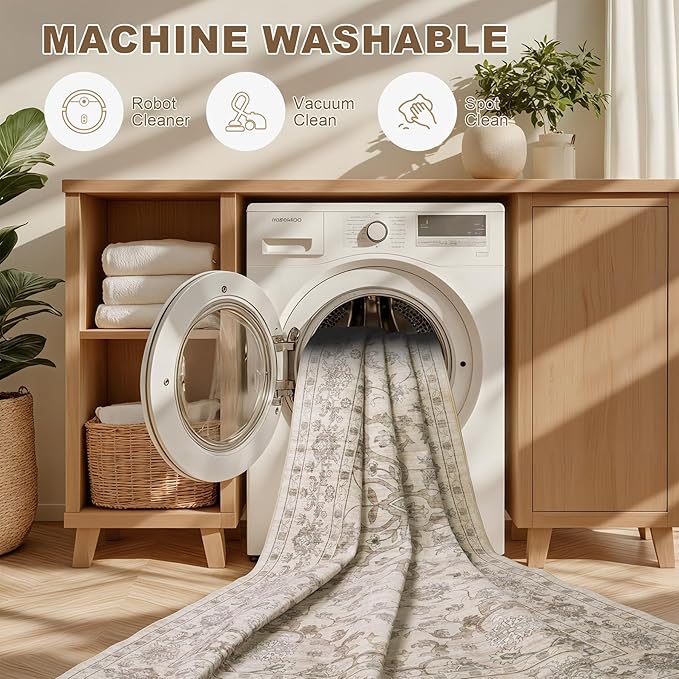 Hallway Runner Rug Non Slip - Washable 2.6x8 Kitchen Rugs for Living Room, Low-Pile Soft Bedroom Rug Indoor Floor Stain Resistant Carpets for Entryway, Laundry, Bathroom Beige
