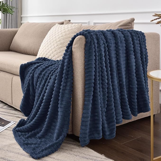 BEDELITE Fleece Throw Blanket for Couch – 3D Ribbed Jacquard Soft and Warm Decorative Fuzzy Blanket – Cozy, Fluffy, Plush Lightweight Navy Throw Blankets for Bed, Sofa, 50x70 inches