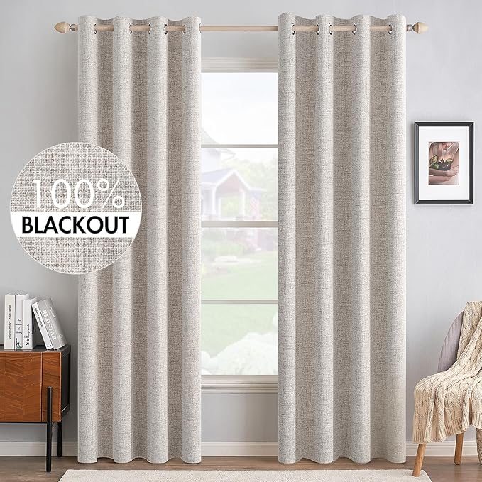 MIULEE 100% Blackout Linen Textured Curtains for Bedroom Solid Thermal Insulated Ivory Grommet Room Darkening Curtains & Drapes Luxury Decor for Living Room Nursery 52 x 72 Inch (2 Panels)