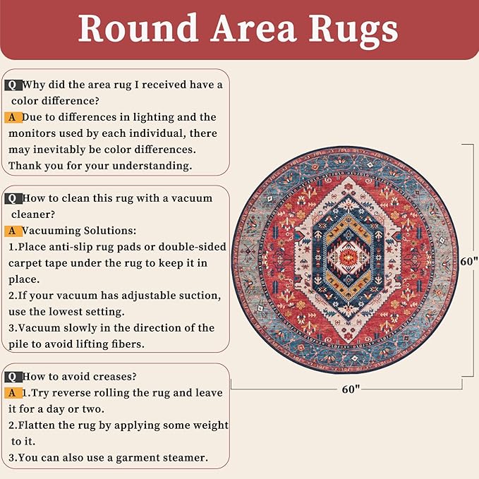 SERISSA Boho Round Area Rug, 5ft Washable Non-Slip Circle Rug, Ultra Soft Oriental Vintage Rust Low-Pile Circular Carpet for Bedroom Entryway Kids Room Office College Dorm Living Room