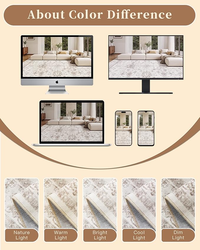 Madane 2x3 Washable Rugs for Entryway, Low Pile Non-Slip Small Area Rug Kitchen Door Mat, Vintage Soft Throw Neutral Rug Floor Mat for Indoor Front Entrance Bathroom Hallway (2 x 3, Brown/Ivory)