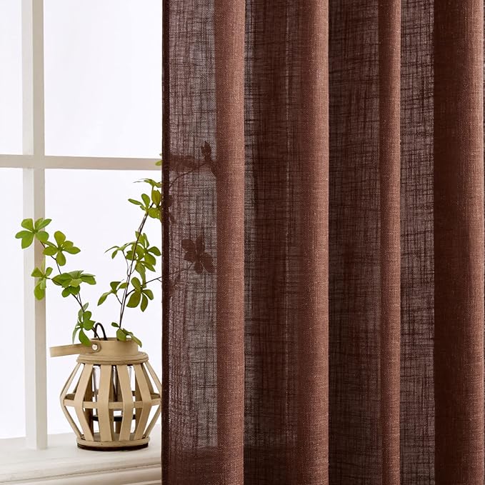 MIULEE Chocolate Brown Linen Curtains 63 Inch Length 2 Panels for Bedroom Living Room, Soft Thick Linen Textured Natural Window Drapes Semi Sheer Light Filtering Back Tab Rod Pocket Burlap Look Decor