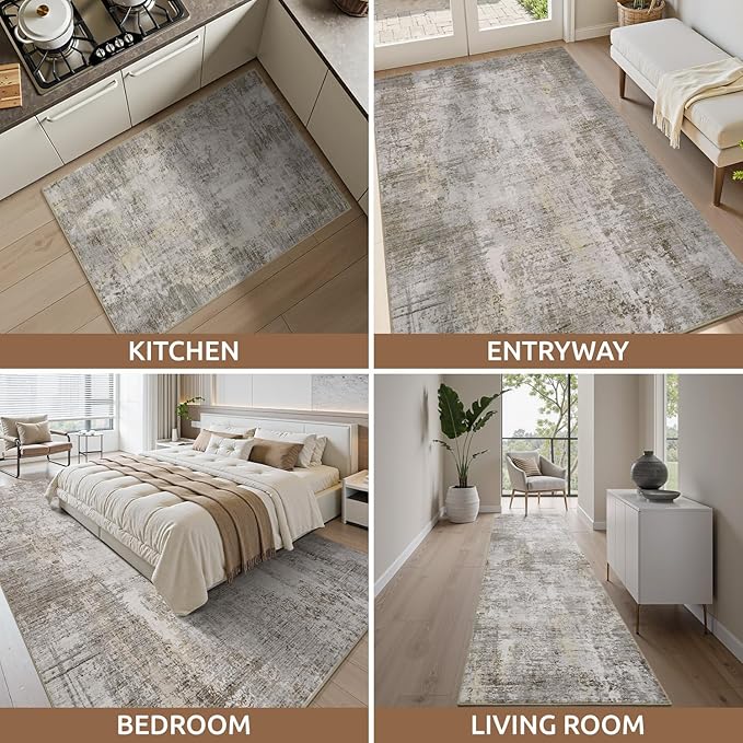 3 x 5 Rug Small Non Slip Area Rug Ultra Soft Machine Washable Low Pile Modern Abstract Area Rugs for Bedroom Living Room Entryway Kitchen Bedside, Beige