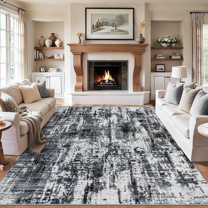 Area Rugs Living Room Rug - 4x6 Washable Modern Abstract Soft Neutral Non-Slip Carpet Large Indoor Floor Thin Carpets for Bedroom Dining Room Farmhouse Nursery Home Office Black