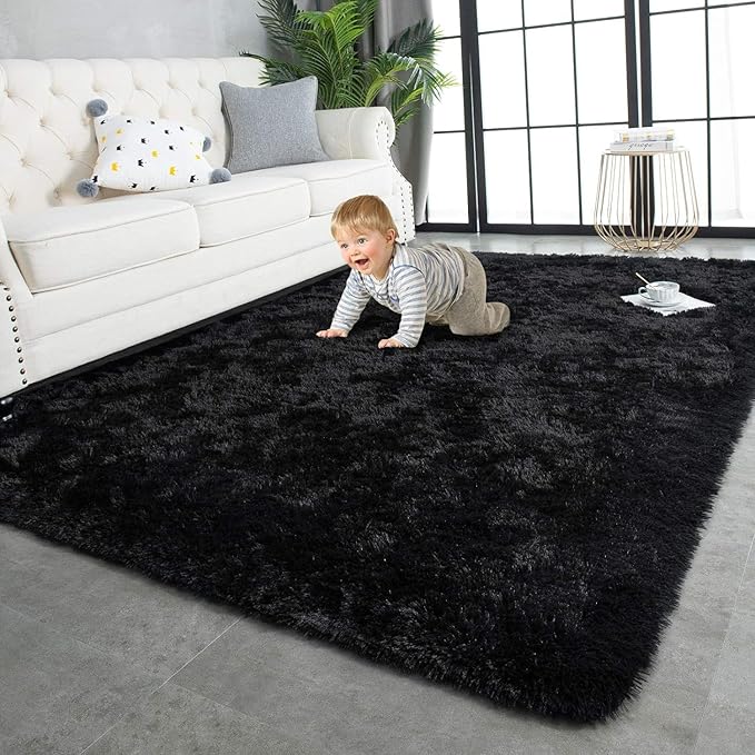 TWINNIS Super Soft Shaggy Rugs Fluffy Carpets,9x11 Feet, Indoor Modern Plush Area Rugs for Living Room Bedroom Kids Room Nursery Home Decor, Upgrade Anti-Skid Rectangular Fuzzy Rug, Black