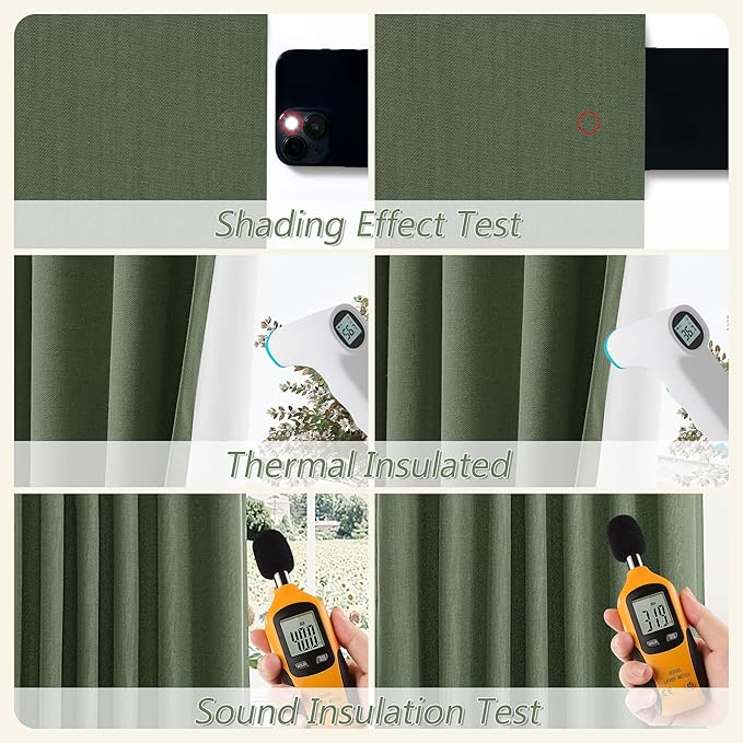 Guken Olive Green 100% Blackout Curtains 102 Inch Length 2 Panels Set for Living Room Bedroom Back Tab Thermal Insulated Black Out Linen Drapes Room Darkening Window Curtains,52x102