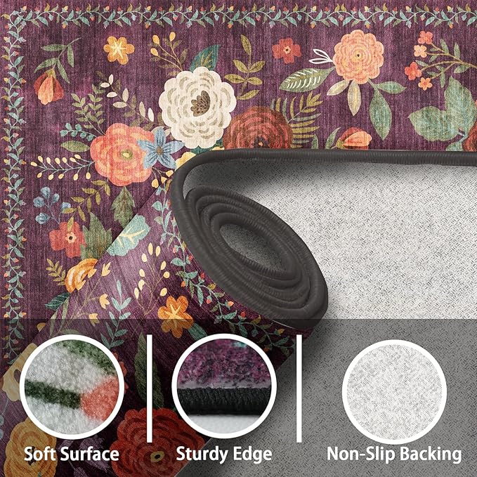 2x5 Entryway Runner Rugs, Non Slip Washable Rugs with Rubber Backing Soft Floral Carpet Runner for Kitchen, Laundry, Bedroom, Bathroom(2 x 5, Purple)