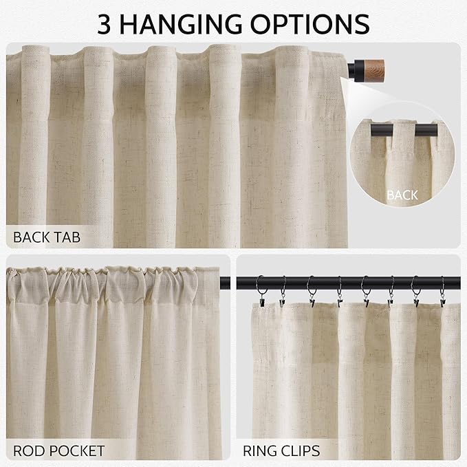 Boho Linen Curtains 132 Inch Length for Living Room Light Filtering Semi Sheer Curtain Back Tab Boho Eclectic Home Decor Farmhouse Drapes Floor to Ceiling High Window for Bedroom 52x132, 2 Panels