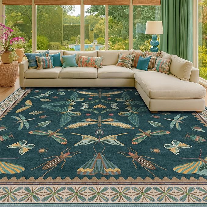 Insect Boho 7X9 Washable Living Room Rug - Bugs, Butterfly, Bees,Soft Area Rugs for Bedroom, Dining Room Under Table, Home Office with Butterfly Design, Stain Resistant Carpet (Green)
