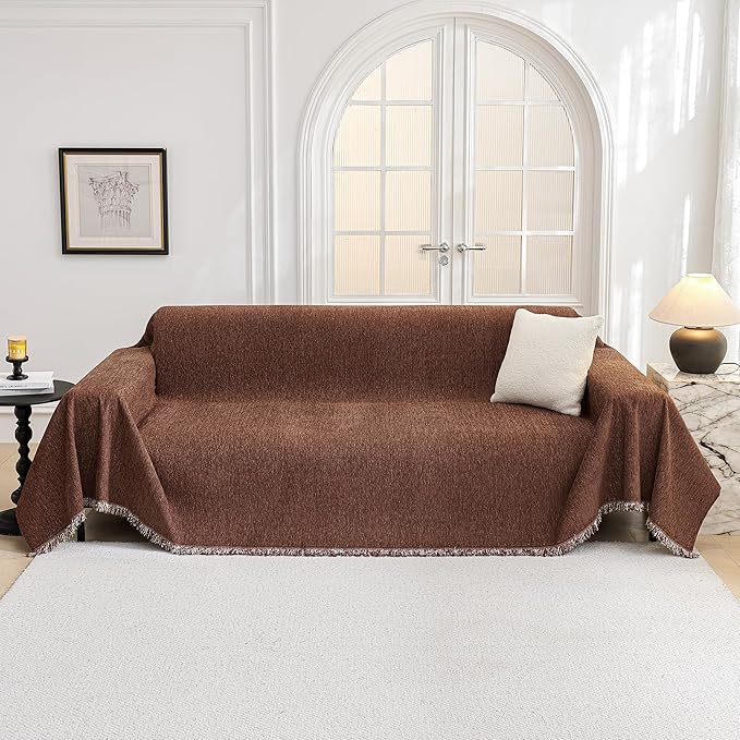 MYSKY HOME Couch Cover for Dogs Washable Couch Covers Couch Covers for Sofa Couch Cover 2 Cushion Sofa Non Slip Dogs Furniture Protector with Tassels Chenille Sofa Covers for Pets, 71"x102", Chocolate