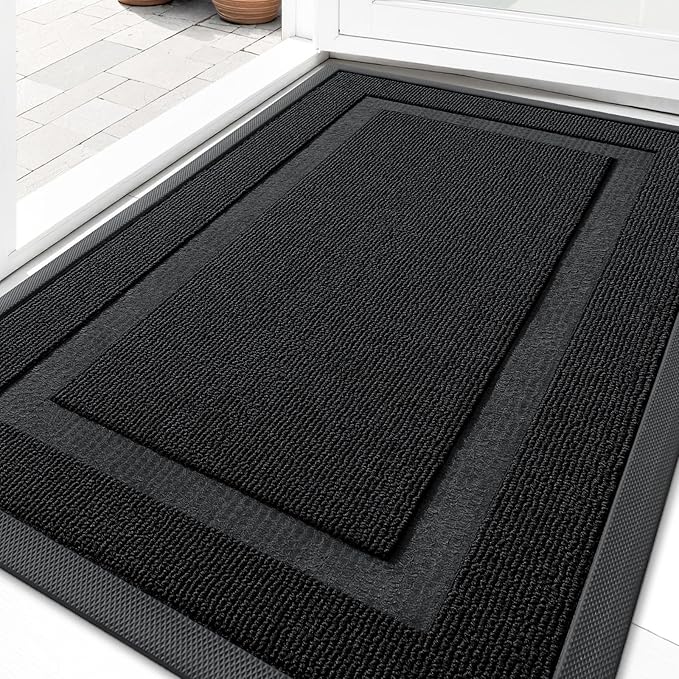 OLANLY Front Door Mat Indoor Outdoor Entrance, Waterproof All-Season, All-Weather Doormat, Sturdy Natural Rubber, Fade Resistant, Low Profile, Easy Clean Patio Porch Entryway Mat, 29.5x17, Jet Black