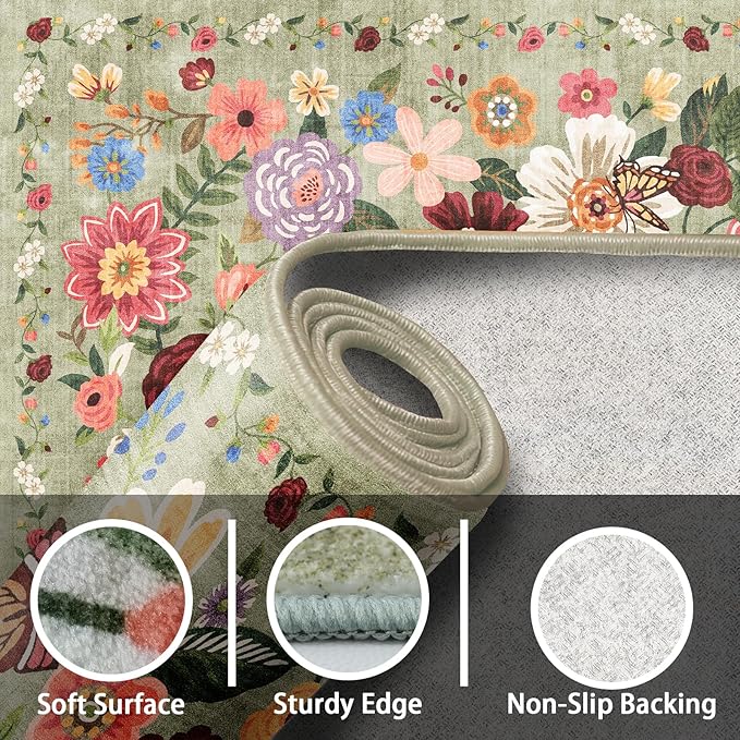 Floral Washable 6x9 Area Rugs Green, Soft Bedroom Rug for Living Room Ultra-Thin Non Slip Dining Room Rug, Stain Resistant Rugs Easy Clean Throw Carpet for Office(6 x 9, Green Garden)