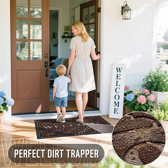 Yimobra Welcome Mat Outdoor Indoor, All-Season Waterproof Front Door Mat Outside Entrance, All-Weather Heavy Duty Non-Slip Doormat, Low Profile Porch Patio Entrance Mats, 60x36, Brown