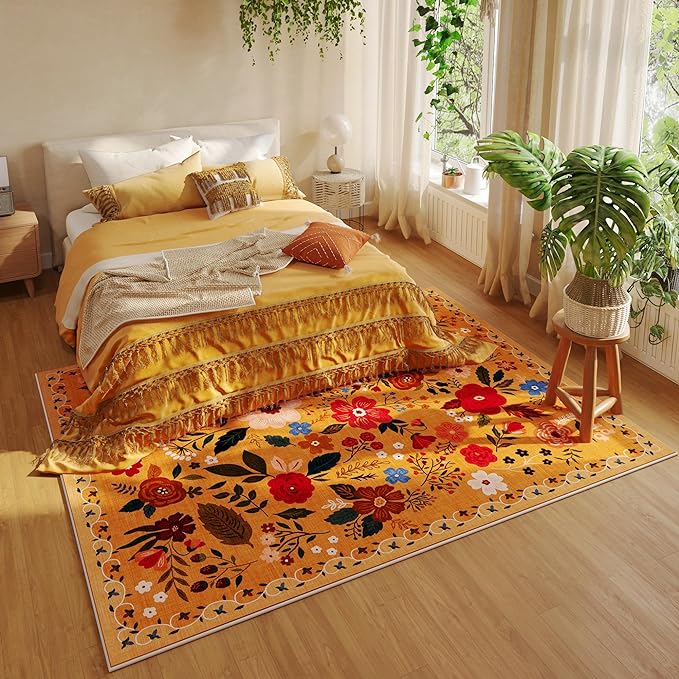 Rugcomf Living Room Rug 6x9 Rug Machine Washable Boho Area Rug Non Slip Floral Vintage Low Pile Large Rug for Living Room, Bedroom, Farmhouse, Dining Room, Kids Playroom(Yellow)